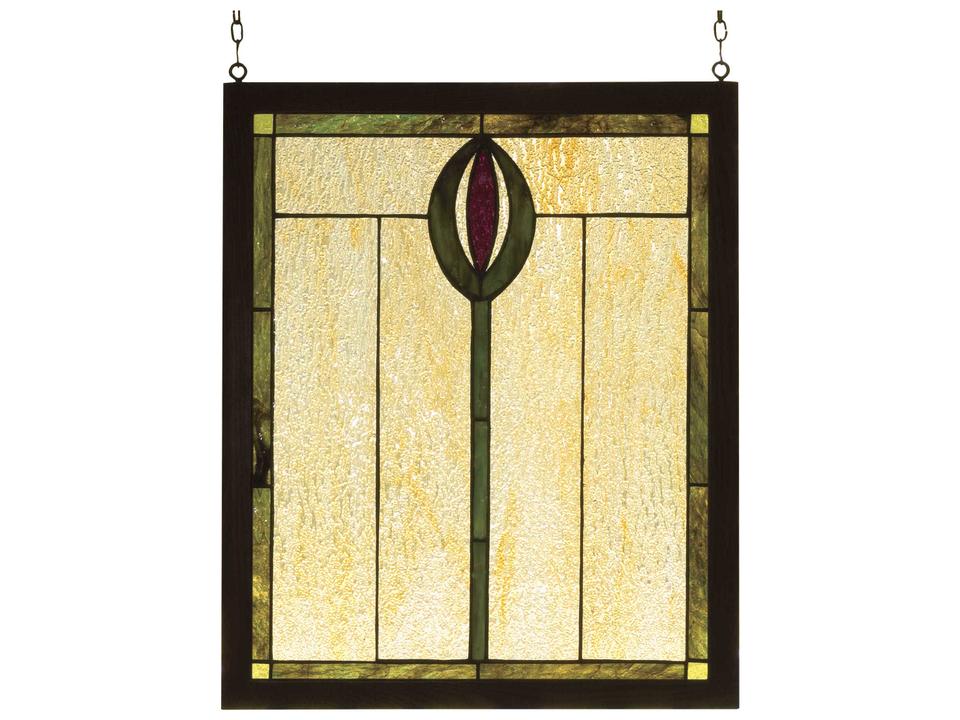 Spear Wood Frame Stained Glass Window in Avocado Green and Plum