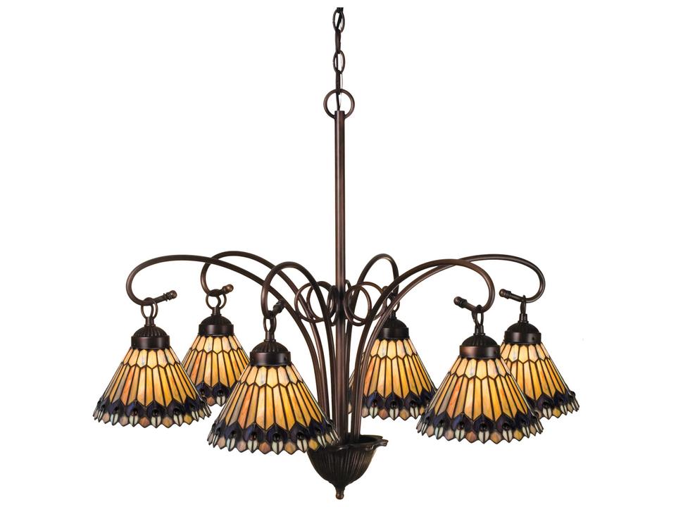 Tiffany 6-Light Jeweled Peacock Chandelier in Mahogany Bronze