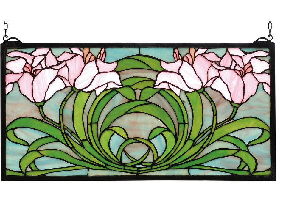 Tiffany Calla Lily Stained Glass Window Panel with Solid Brass Frame