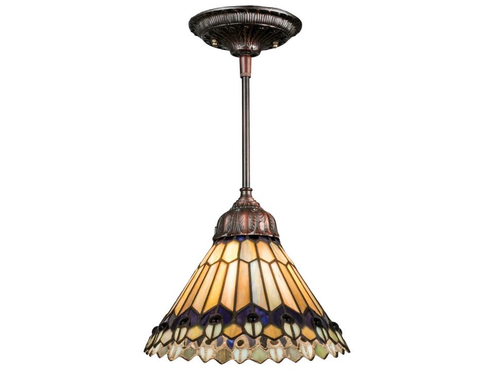 Tiffany Jeweled Peacock 1-Light Mini Pendant Light in Mahogany Bronze