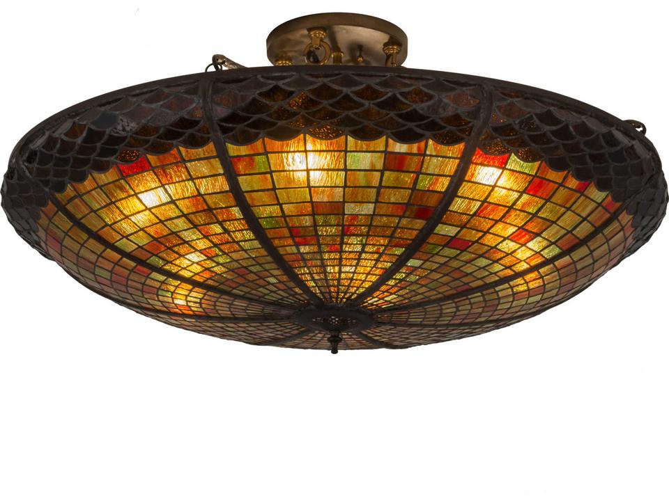 Acorn 6-Light Brown Glass Tiffany Bowl Semi Flush Mount in Antique Copper