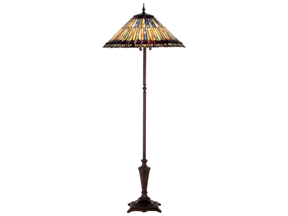 Jeweled Peacock Tiffany Art Glass Floor Lamp in Mahogany Bronze
