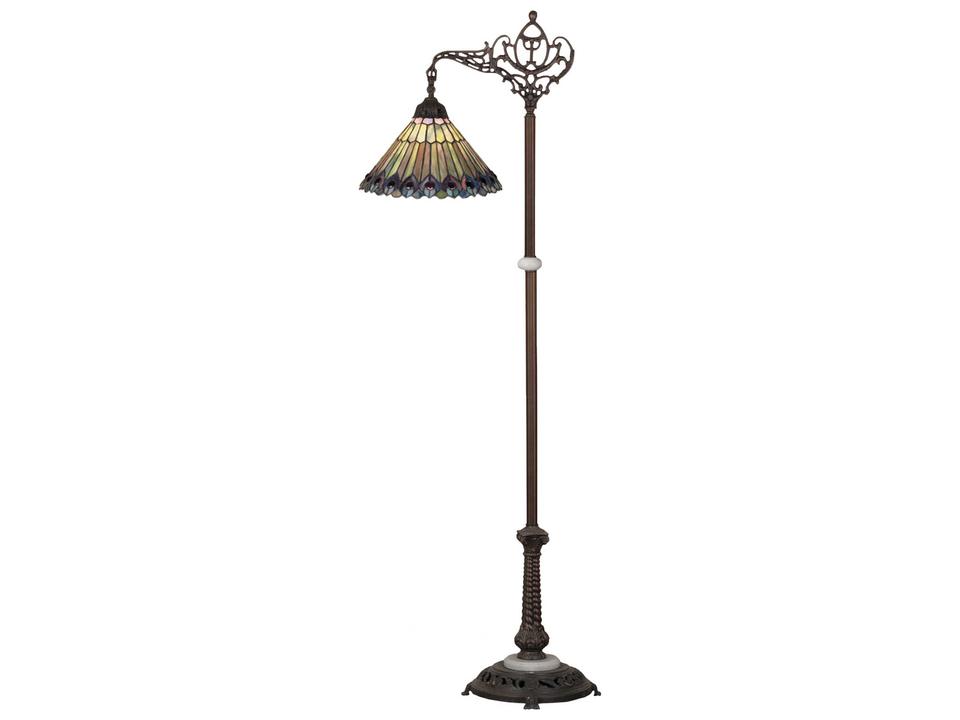 Tiffany Jeweled Peacock Bridge Arm Floor Lamp in Mahogany Bronze