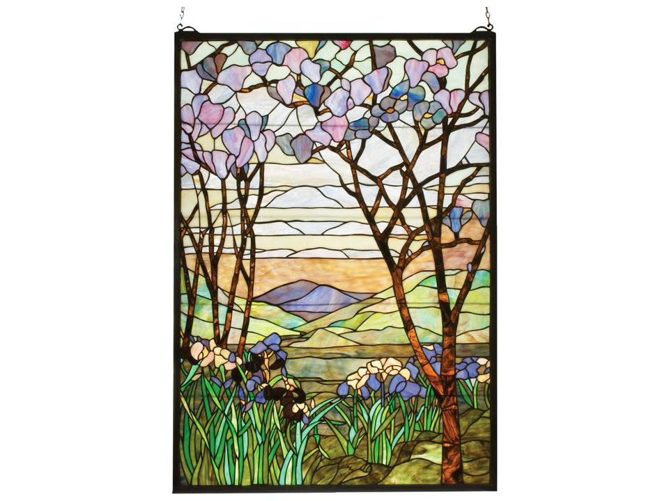Tiffany Magnolia and Iris Stained Glass Window Panel Multicolor