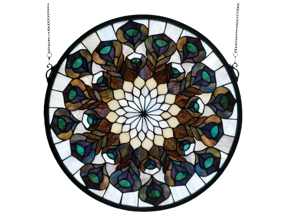Tiffany Peacock Feather Medallion Stained Glass Window Panel