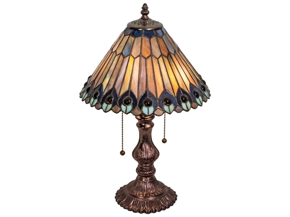 Tiffany Jeweled Peacock Glass Table Lamp in Mahogany Bronze