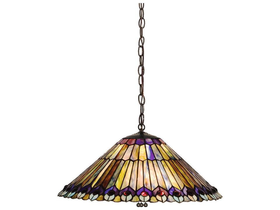 Tiffany Jeweled Peacock Three Light Pendant Handcrafted Art Glass Mahogany Bronze