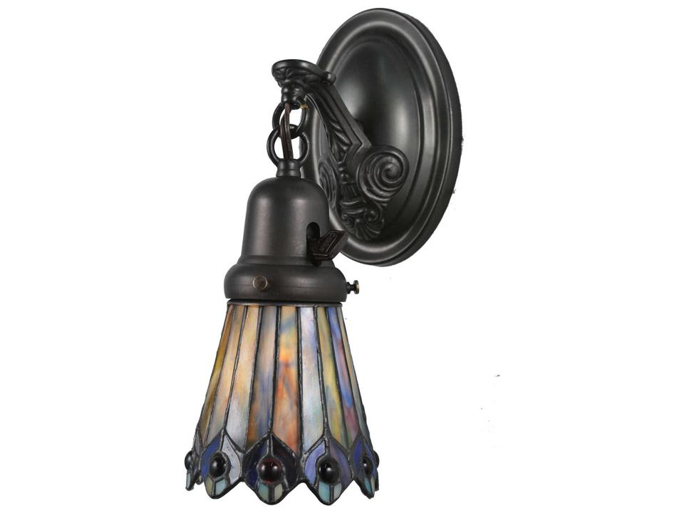 Tiffany Jeweled Peacock 1-Light Craftsman Brown Wall Sconce with Art Glass