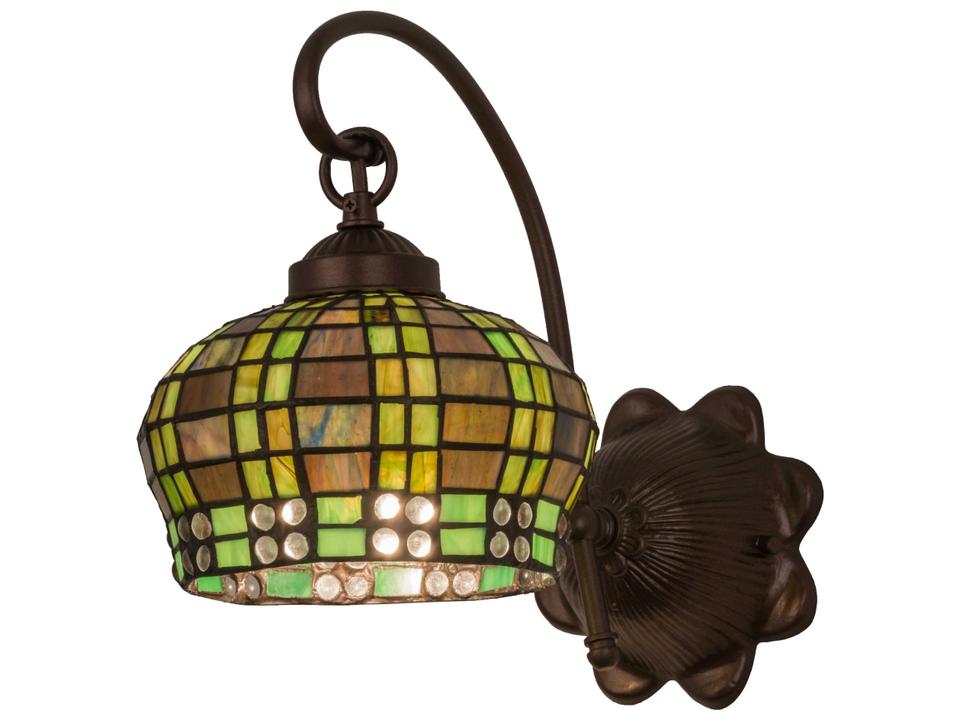 Tiffany Jeweled Basket 1-Light Wall Sconce in Mahogany Bronze with Green Blue Art Glass