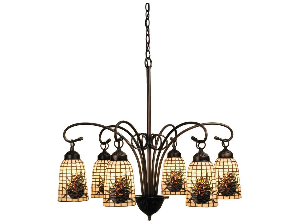 Tiffany Pine Barons 6-Light Chandelier with Tiffany Bell Shades in Mahogany Bronze