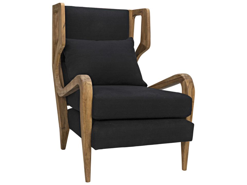 Carol Teak Wood Accent Chair with Black Cotton Upholstery