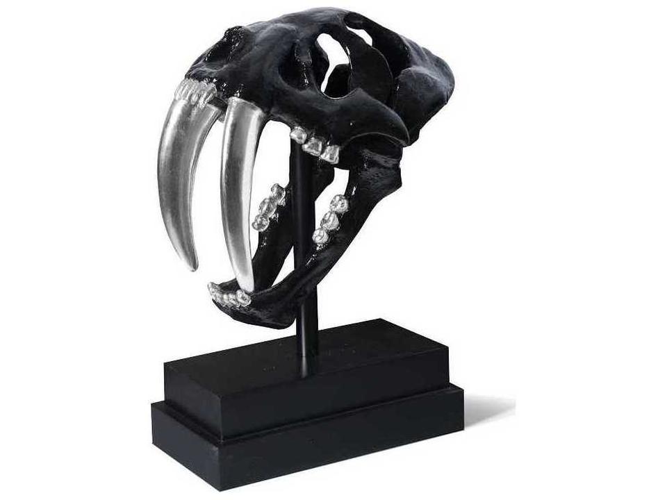 Jason Design Saber Tooth Tiger Skull Decorative Sculpture in Glossy Black Lacquer and Silver Leaf