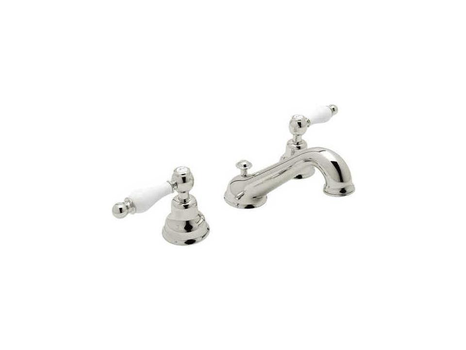 Arcana 3-Hole Widespread Lavatory Faucet with White Porcelain Lever Handles Polished Nickel