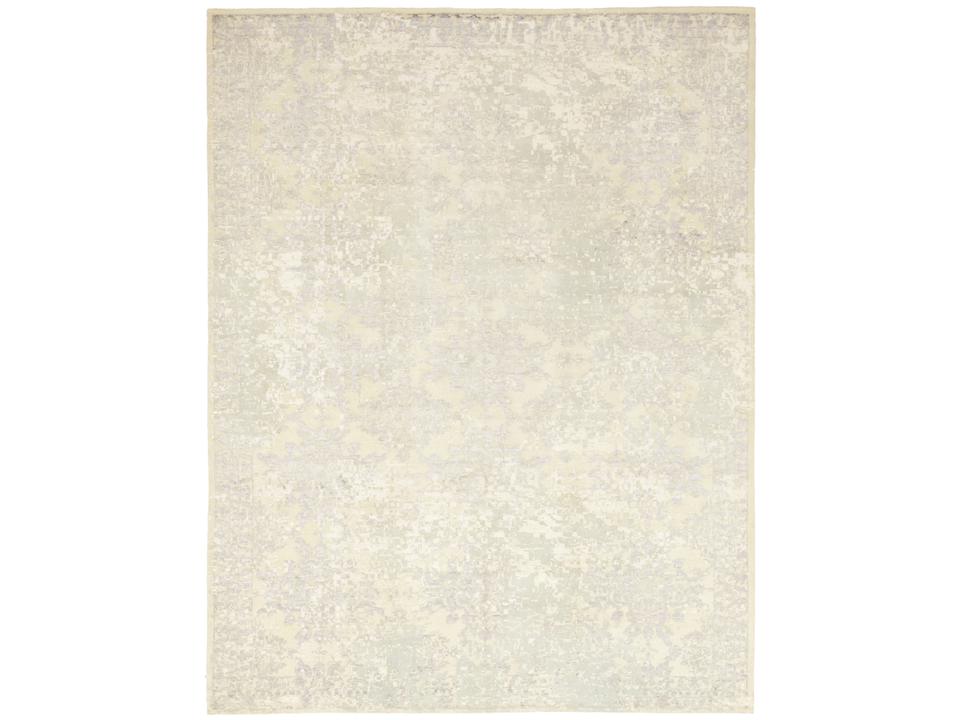 Modern Collection Ivory Rectangular Wool Area Rug with Damask Pattern