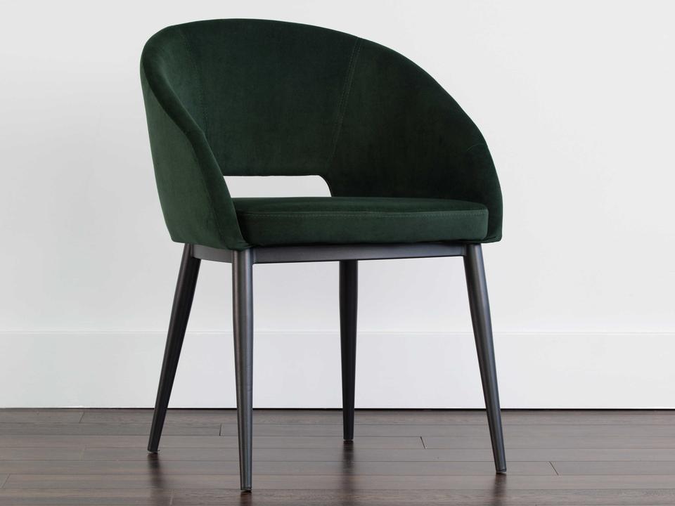 Thatcher Upholstered Dining Armchair in Deep Green Fabric and Black Steel