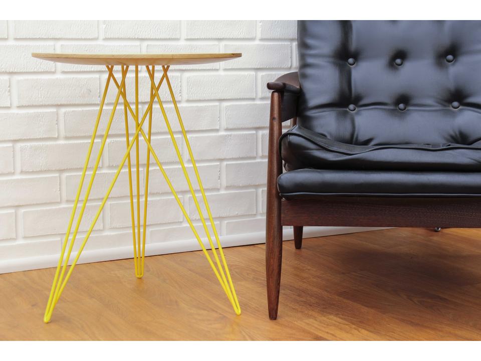Hudson Round Maple Inlay Side Table with Yellow Steel Base