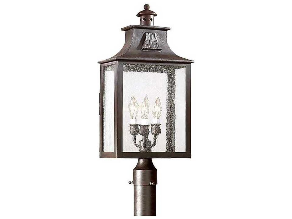 Newton 3-Light Outdoor Post Lantern in Old Bronze with Seeded Glass