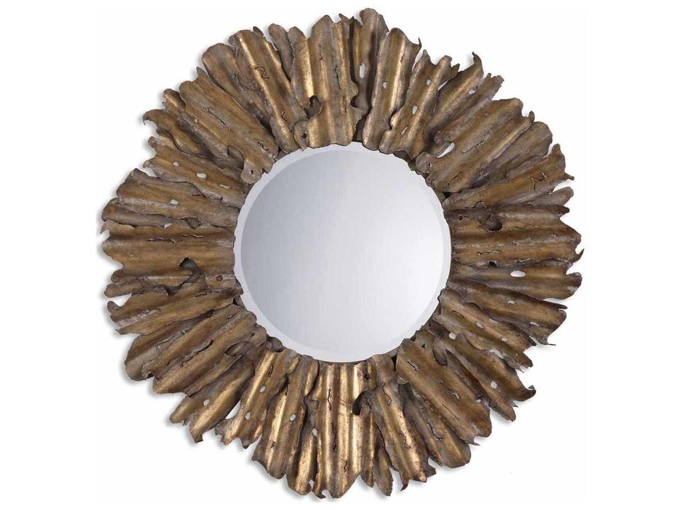 Hemani Round Wall Mirror in Antiqued Gold Leaf with Beveled Edge