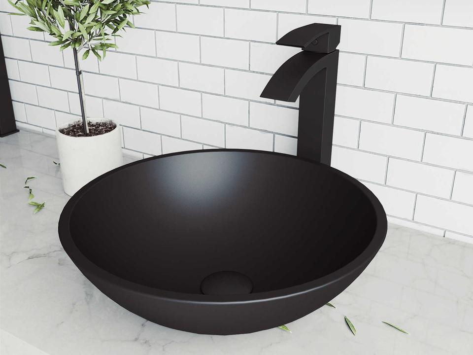 Cavalli Matte Shell Round Glass Vessel Bathroom Sink Set with Duris Faucet in Matte Black