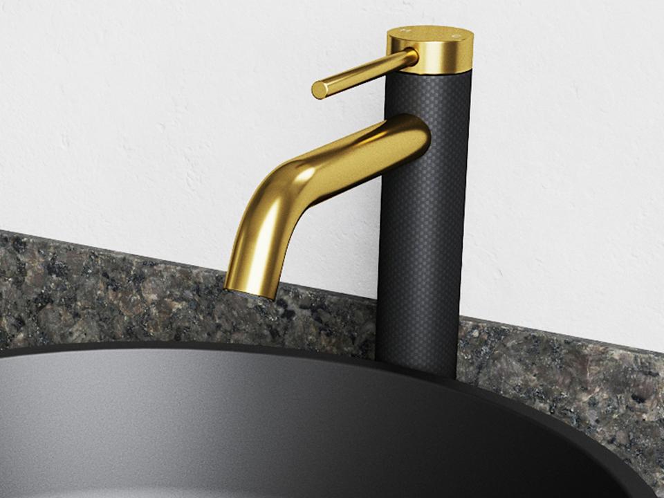 Lexington Single Handle Vessel Bathroom Faucet in Matte Brushed Gold and Matte Black with Carbon Fiber