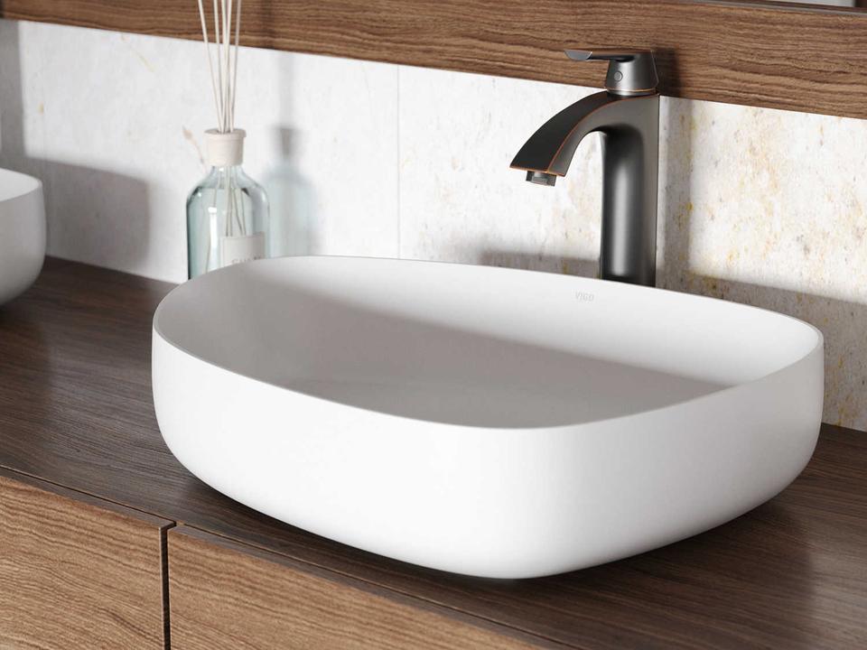 Peony Matte Stone Vessel Bathroom Sink Set with Linus Faucet in Antique Rubbed Bronze