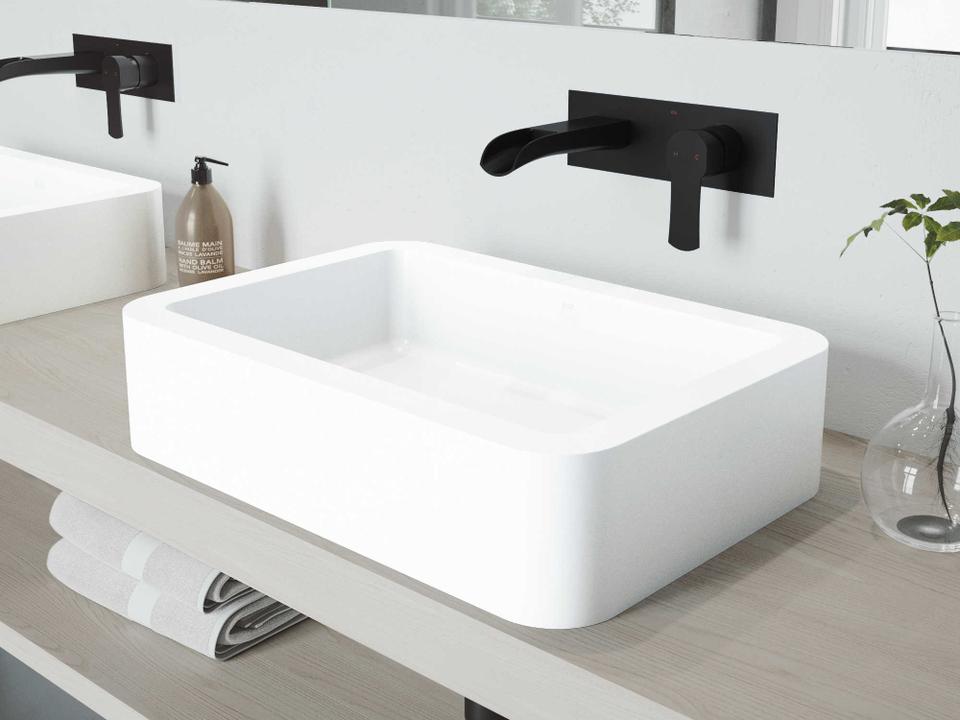 Petunia Rectangular Vessel Bathroom Sink and Wall Mount Faucet in Matte White and Matte Black