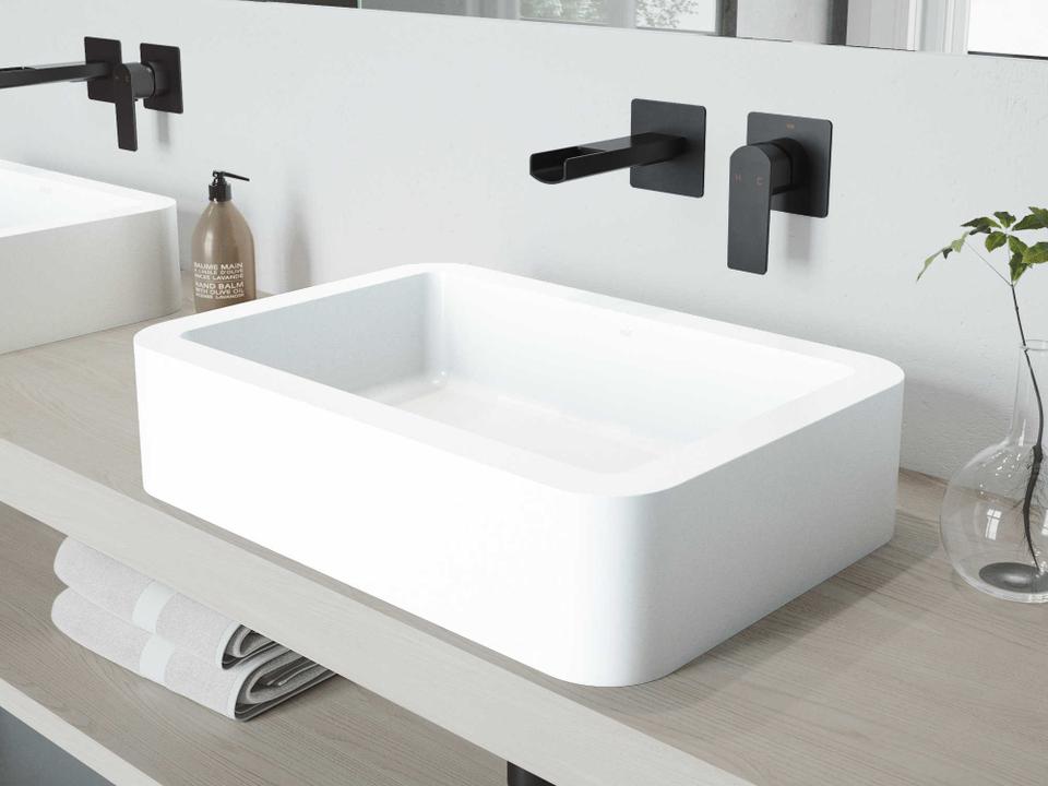 Petunia Matte White 23" Rectangular Vessel Bathroom Sink with Matte Black Single-Handle Atticus Wall-Mount Faucet and Drain