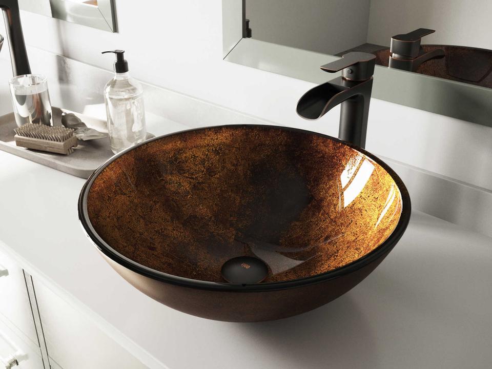 Russet Gold / Brown Fusion 17" Round Vessel Bathroom Sink with Antique Rubbed Bronze 1-Lever Niko Faucet and Drain