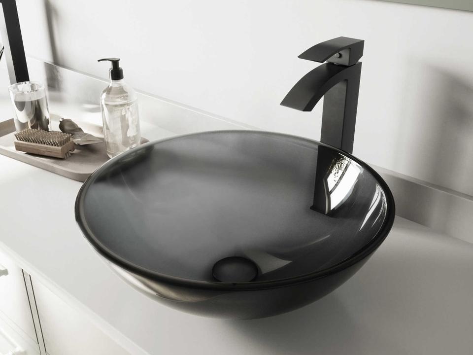 Sheer Black 17 Inch Round Vessel Bathroom Sink Set with Duris Matte Black Faucet and Drain