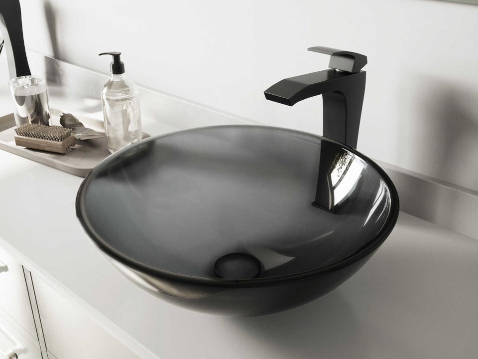 Sheer Black 17 Inch Round Glass Vessel Bathroom Sink Set with Matte Black Faucet