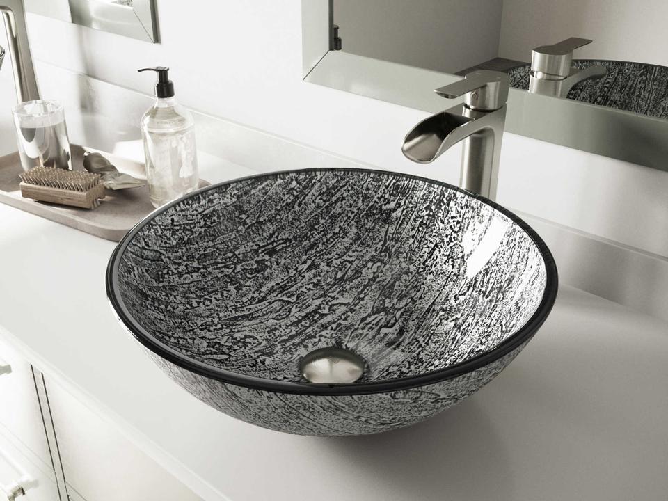 Titanium Slate Grey 17" Round Vessel Bathroom Sink with Brushed Nickel 1-Lever Niko Faucet and Drain
