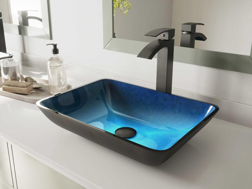 Turquoise Water Rectangular Glass Vessel Bathroom Sink with Duris Matte Black Faucet