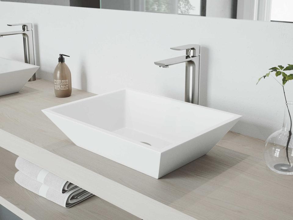 Vinca 18 Rectangular Vessel Bathroom Sink Set In Matte White With Brushed Nickel Faucet And Drain