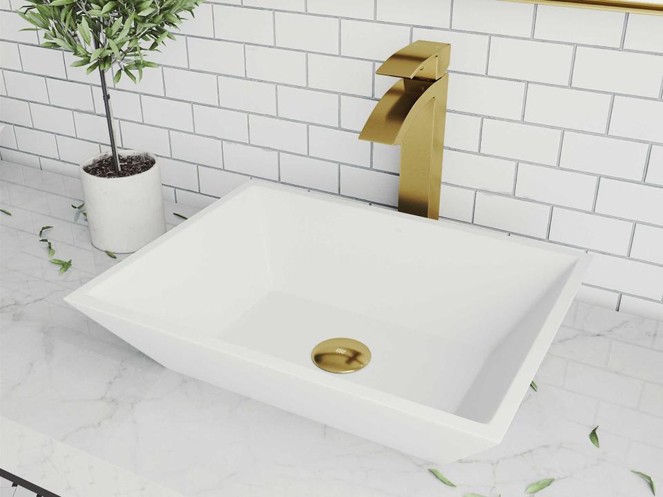 Vinca Matte Stone Rectangular Vessel Bathroom Sink and Duris Faucet in Matte Brushed Gold