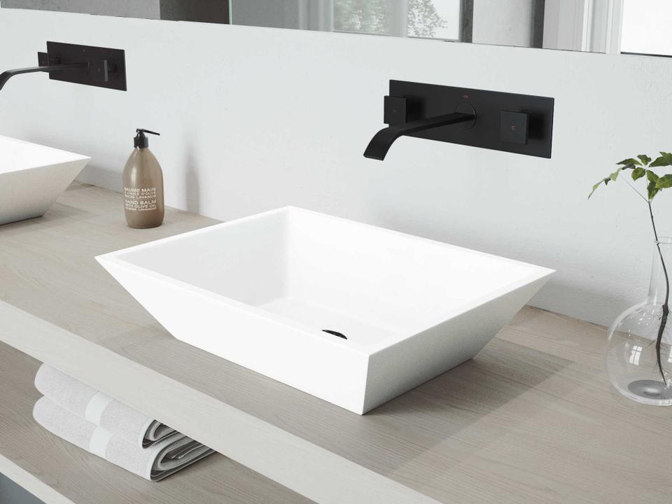 Vinca Matte White 18" Rectangular Vessel Bathroom Sink with Matte Black Dual-Handle Titus Wall-Mount Faucet and Drain
