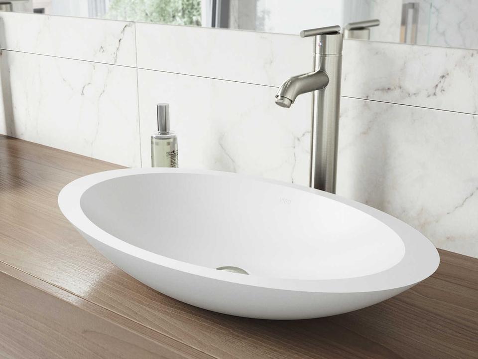 Wisteria Oval Matte Stone Vessel Bathroom Sink with Seville Faucet in PVD Brushed Nickel