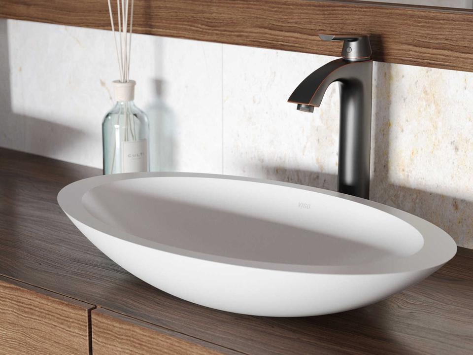 Wisteria Oval Vessel Bathroom Sink Set in Matte White with Linus Faucet and Drain