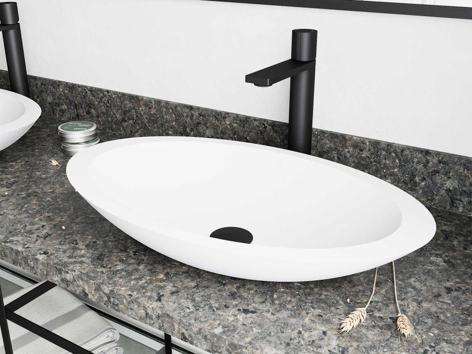 Wisteria Oval Matte Stone Vessel Bathroom Sink with Gotham Faucet in Matte White and Black
