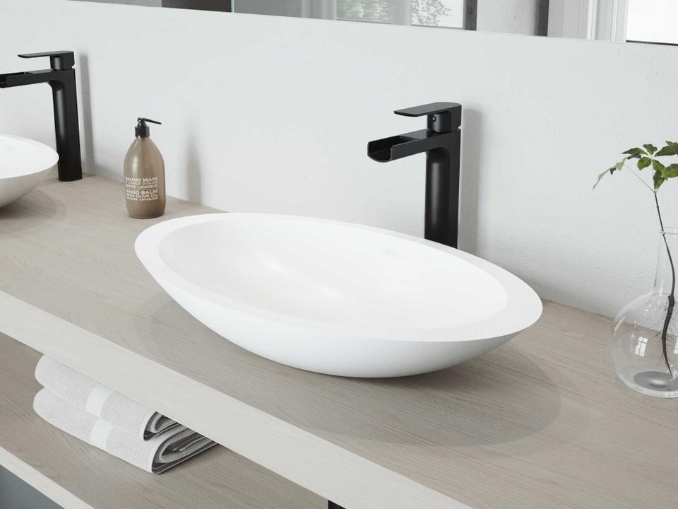 Wisteria Matte White 23" Oval Vessel Bathroom Sink with Matte Black 1-Lever Amada Faucet and Drain