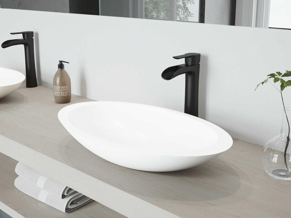 Wisteria Matte White 23" Oval Vessel Bathroom Sink with Matte Black 1-Lever Niko Faucet and Drain