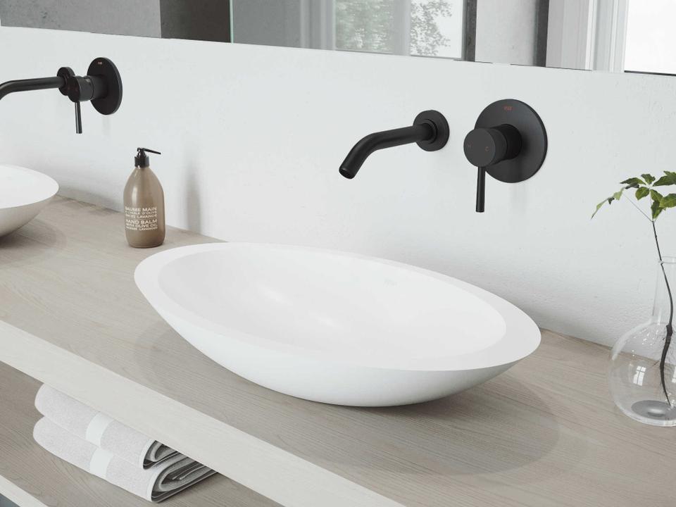 Wisteria Matte White 23" Oval Vessel Bathroom Sink with Matte Black Single-Lever Olus Wall-Mount Faucet and Drain