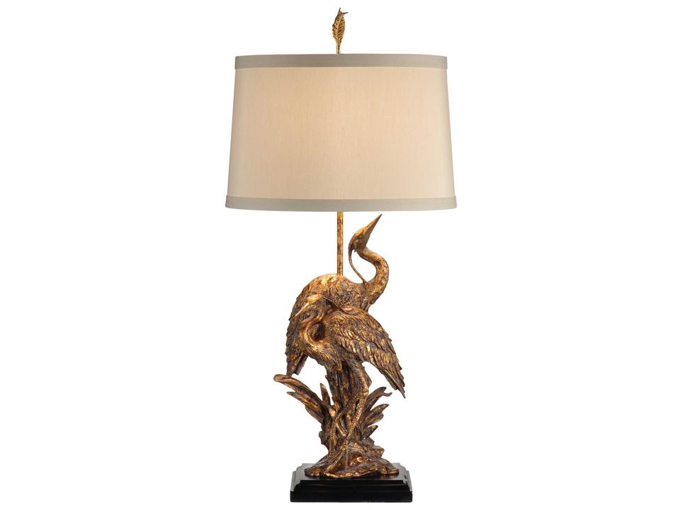 Egrets 38 Inch Table Lamp in Old Gold with Light Tan Silk Shade