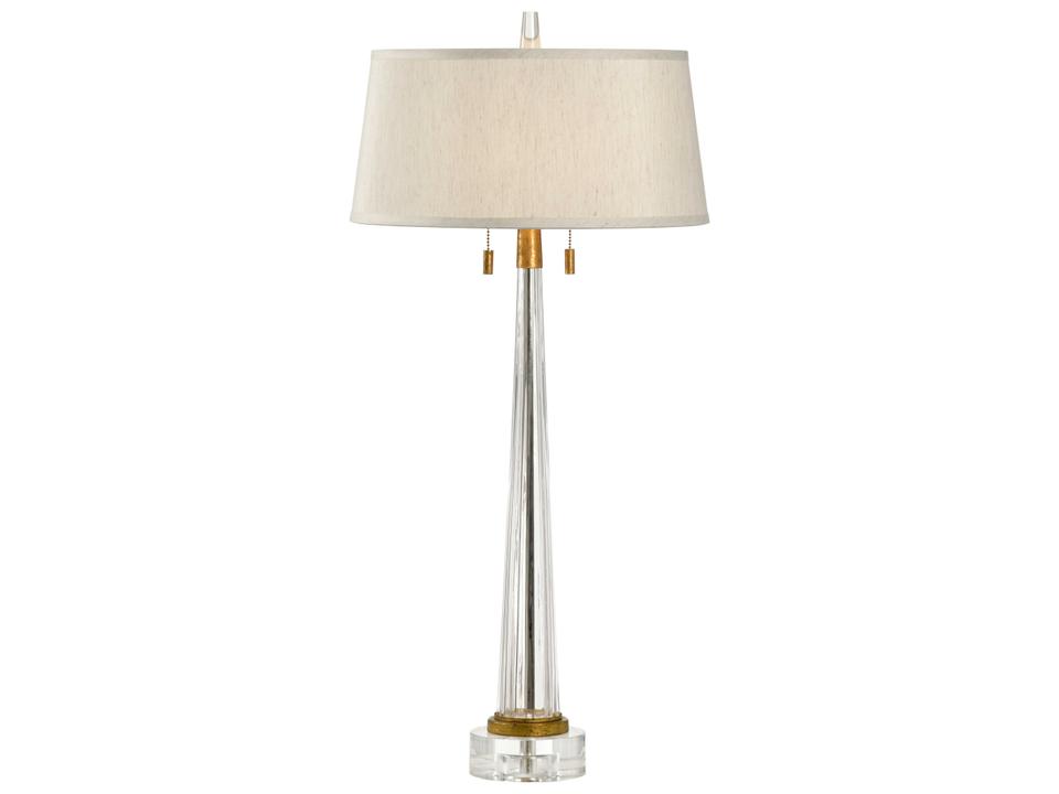 J Graham Clear Glass Table Lamp with Taupe Linen Shade and Antique Gold Details