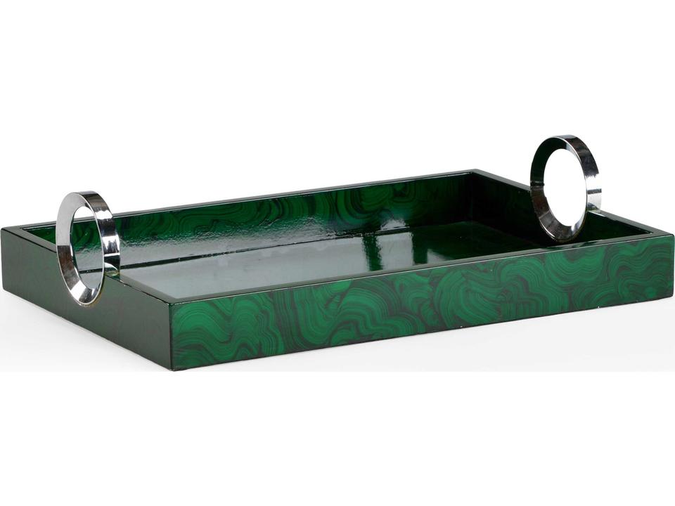 Malachite Hand Painted Wood Tray with Polished Nickel Handles