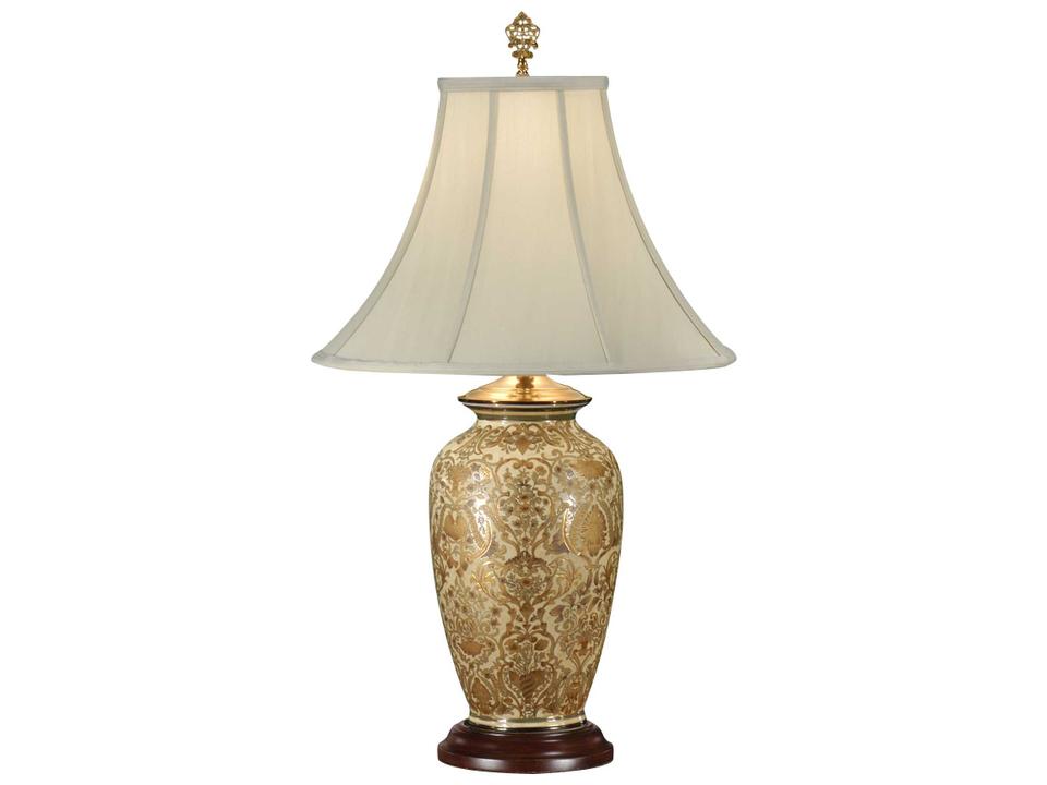 Gold Damask Porcelain Buffet Table Lamp with Light Tan Silkette Shade