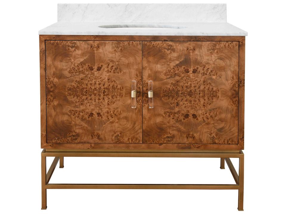 Clifford Mid-Century Modern Dark Burl Wood Bath Vanity with White Marble Top