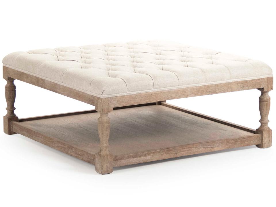Rectangular Tufted Ottoman in Natural Cream Linen with Limed Grey Oak