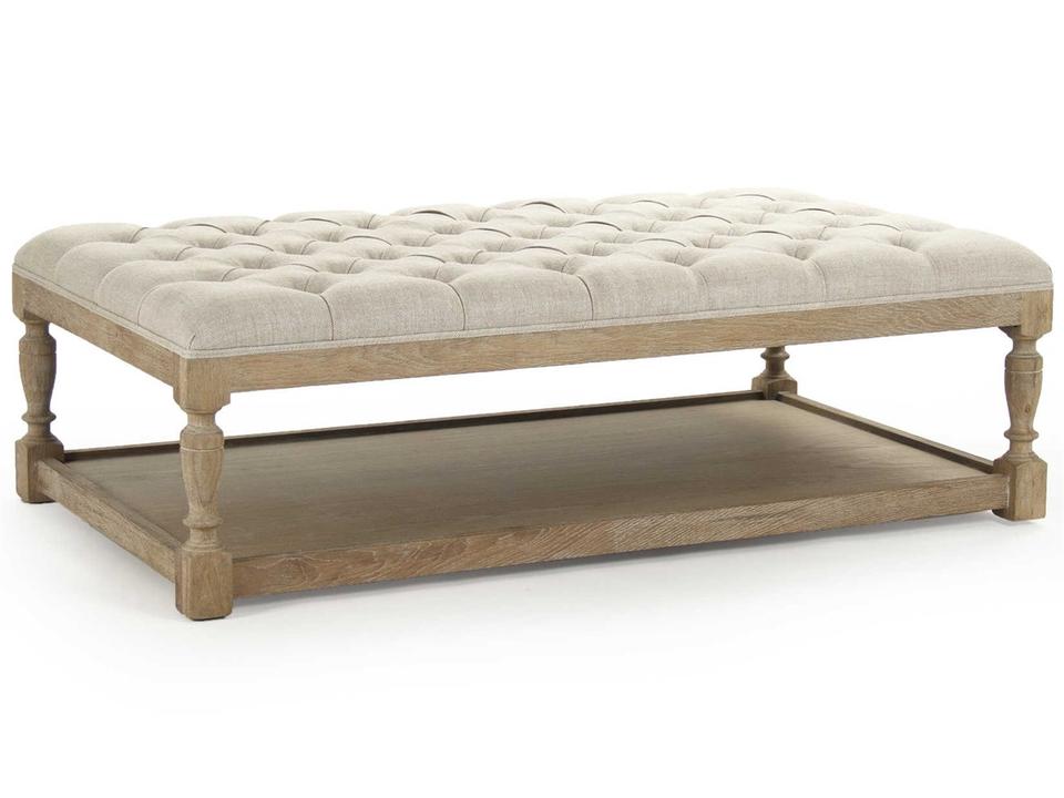 Rectangular Tufted Ottoman in Natural Cream Linen with Limed Grey Oak