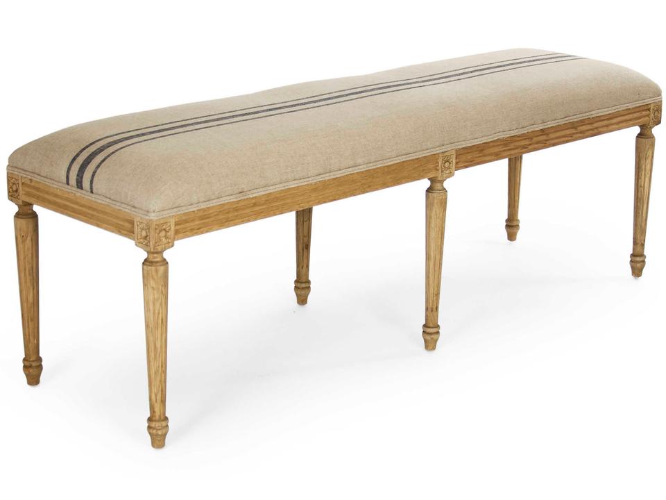 Louis Upholstered Accent Bench in English Khaki Blue Stripe and Reclaimed Oak