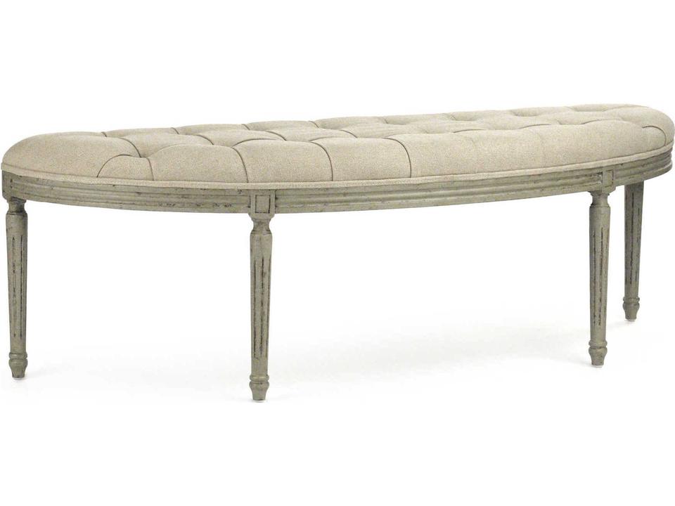Louis Curve Bench in Distressed Olive and Hemp Linen